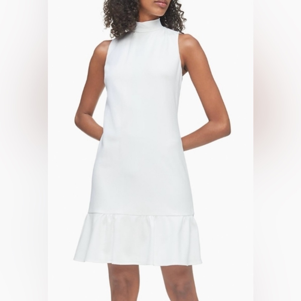 NEW Calvin Klein Womens Mock Neck Sleeveless Riffled Dress - Soft white Size 12